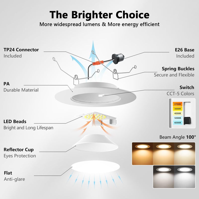 LVWIT LED Recessed Light 6Inch, Can Lighting Color Selectable 2700/3000/4000/5000/6000K 5CCT, 10W(120W Equivalent) Dimmable Downlight with E26 Conversion Kit, Retro Fit Ceiling Light Fixtures, 12 Pack - Image 4